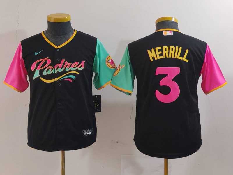 Youth San Diego Padres #3 Jackson Merrill Black Fashion Baseball Jersey,We sell and wholesale Youth San Diego Padres #3 Jackson Merrill Black Fashion Baseball Jersey on line form chian!